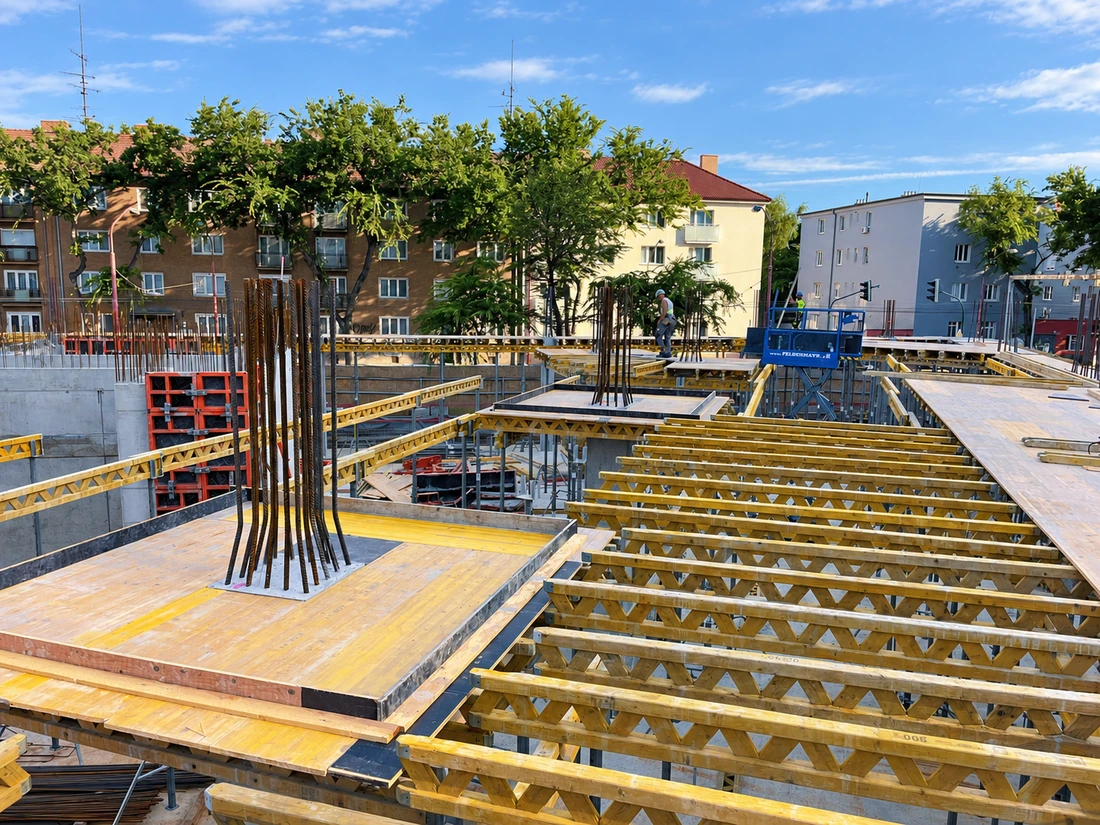 Nové Apollo – detail nosníkov debnenia a výstuže stĺpov
