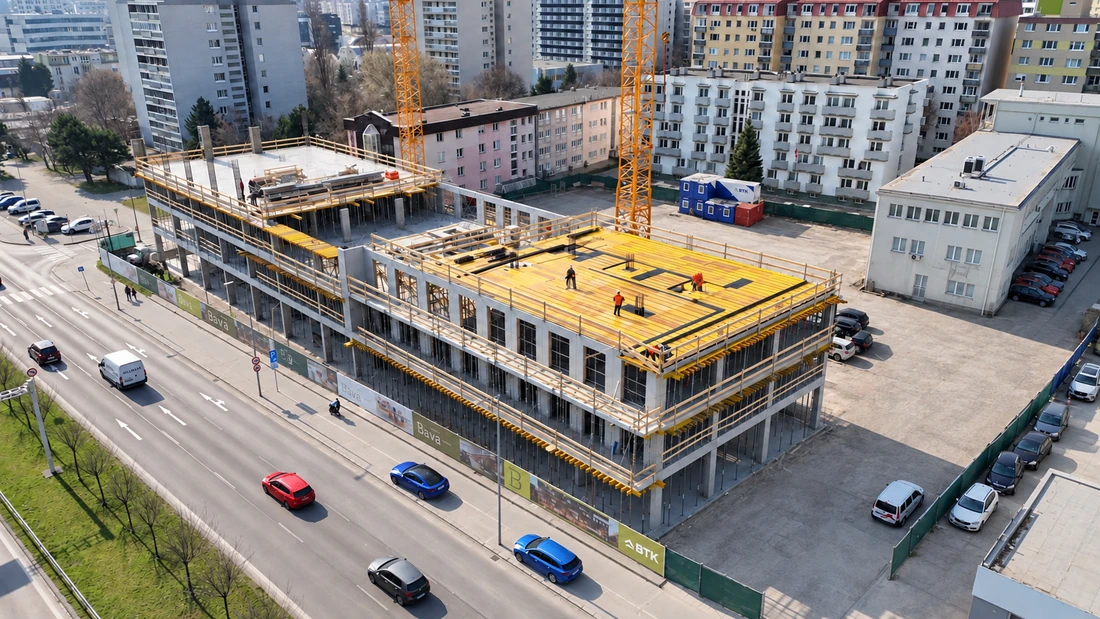 BAYA Living Bajkalská – letecký pohľad na výstavbu a stropné debnenie