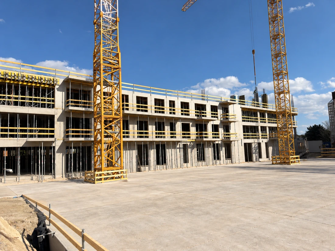 BAYA Living Bajkalská – betónové podlažia s podperami a žeriavmi