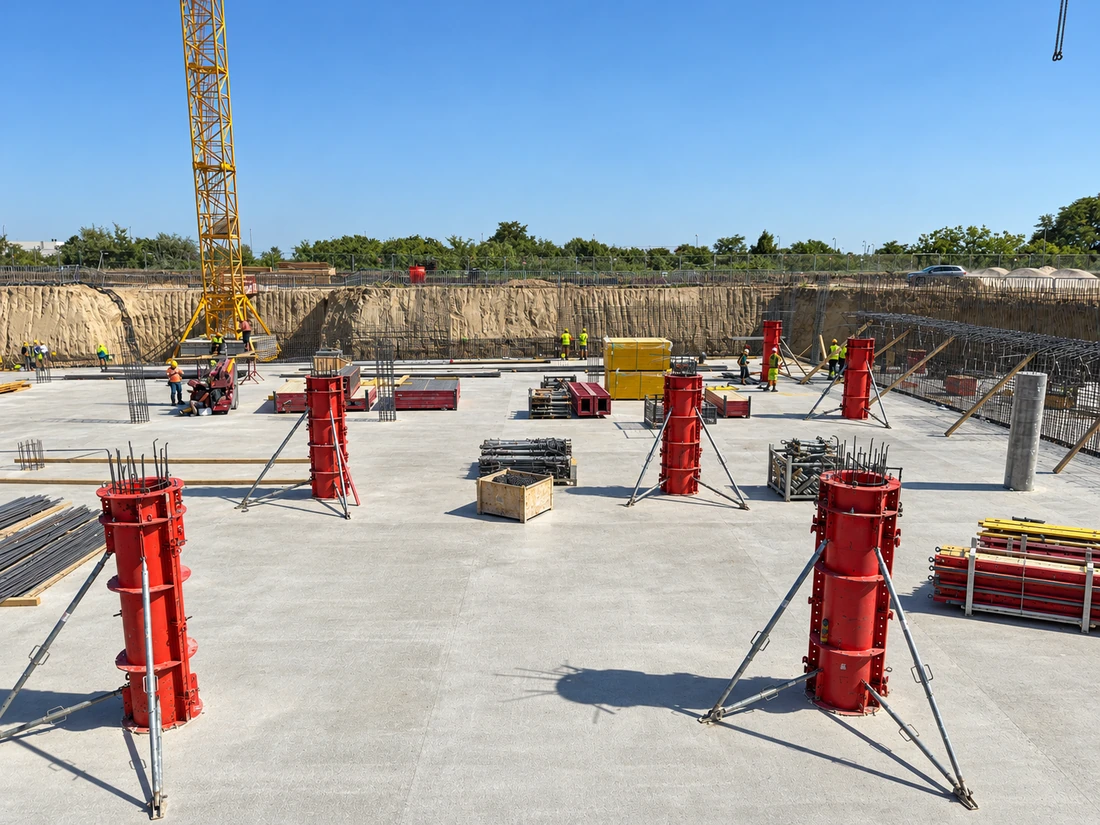 Červené kruhové debnenie stĺpov na betónovej doske